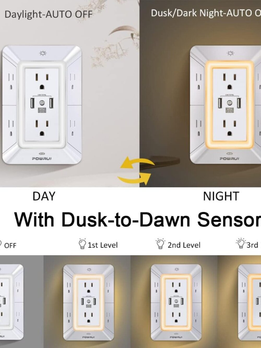 POWRUI Multi‑Plug Outlet (USB + Night Light) - Picture 3 of 3